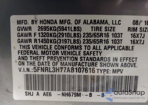2010 Honda Odyssey Ex-L z USA, uszkodzony, nr VIN 5FNRL3H77AB107616